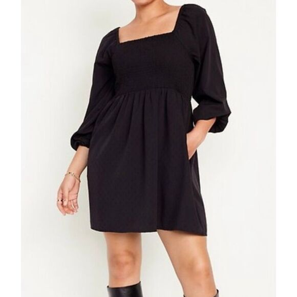 Old Navy NWT black smocked puff sleeve mini dress small - Picture 1 of 12
